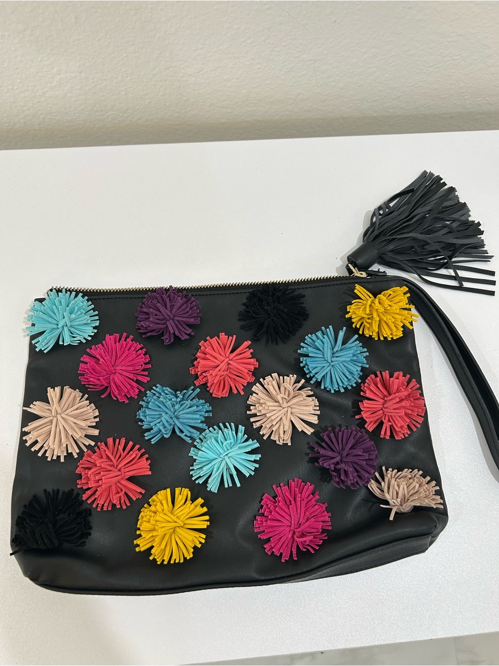Gianni Bini Black Pom-Pom Accent Wristlet Clutch - Multicolor